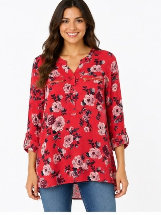 Tops - Justify Women's 2X Coral Red Floral Blouse Tunic Long Sleeve Zip Pocket Top